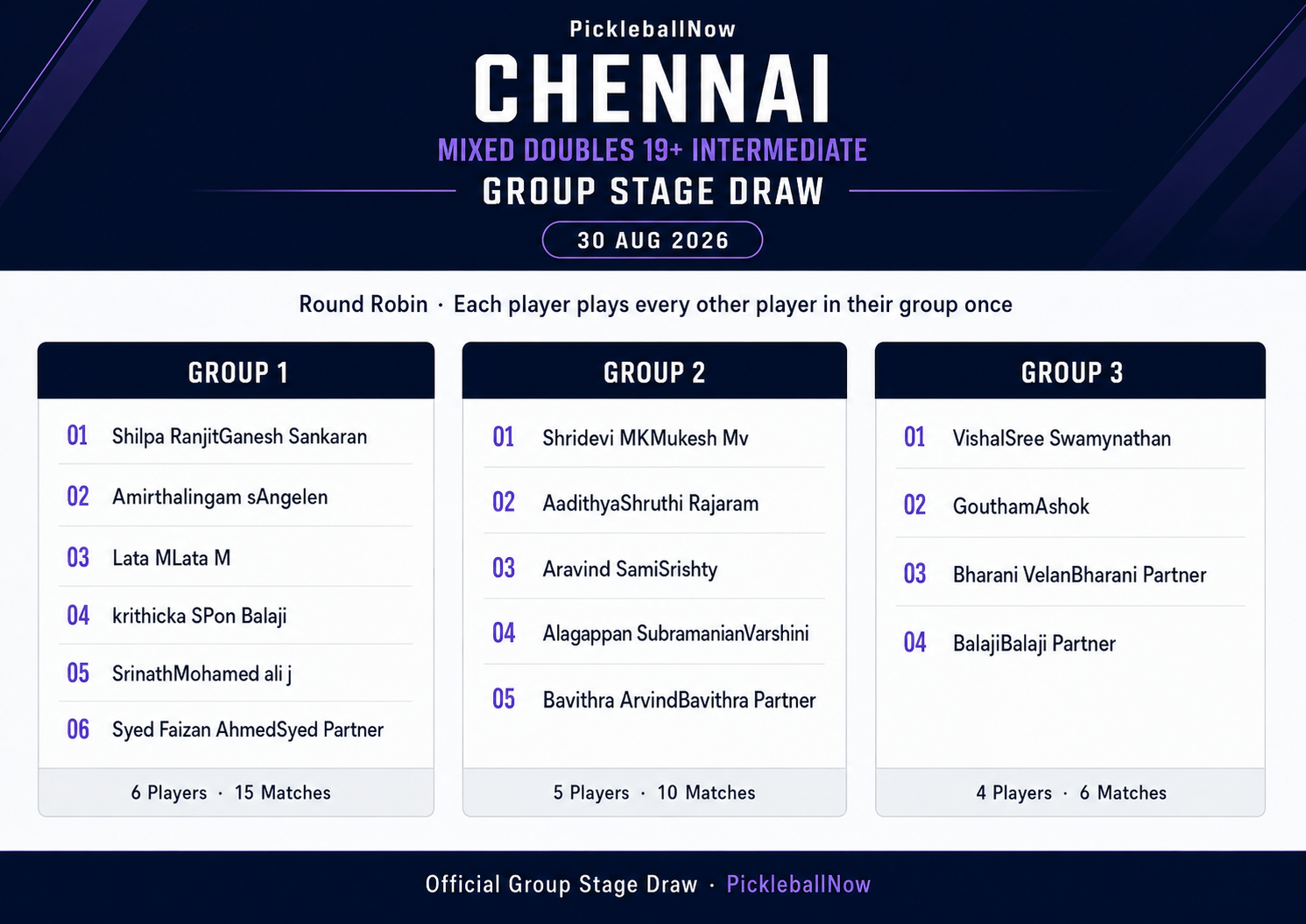 Mixed Doubles 19+ Intermediate group stage draw — Chennai